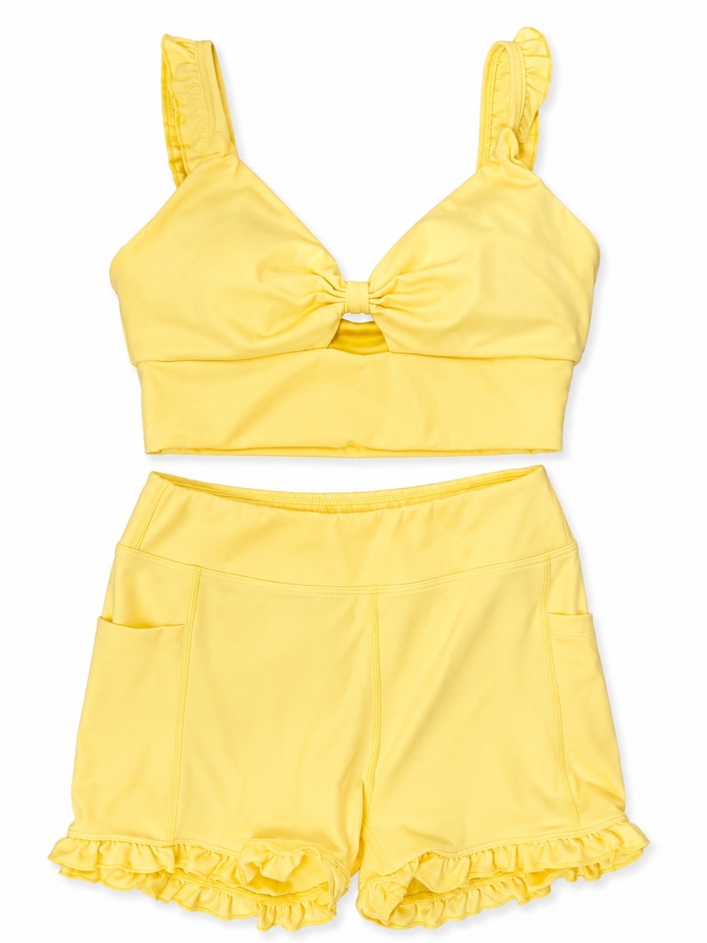 Yellow Ruffle Two Piece Activewear Set Crop Top Shorts Size Small